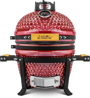 Ceramic BBQ Charcoal Kamado Grill 13 inch Portable Tabletop BBQ Grill with Stainless Steel Grates, pearlescent red