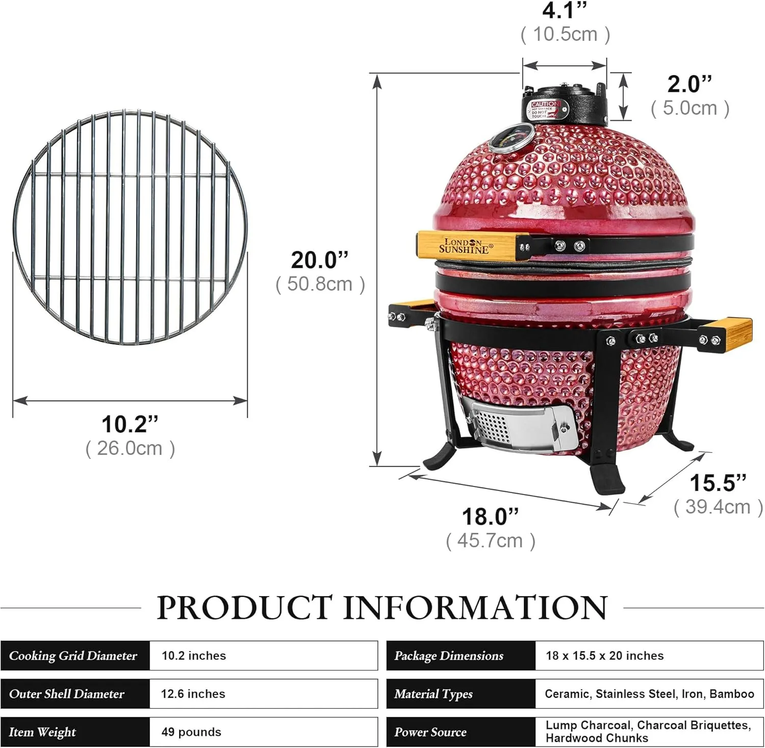 Ceramic BBQ Charcoal Kamado Grill 13 inch Portable Tabletop BBQ Grill with Stainless Steel Grates, pearlescent red