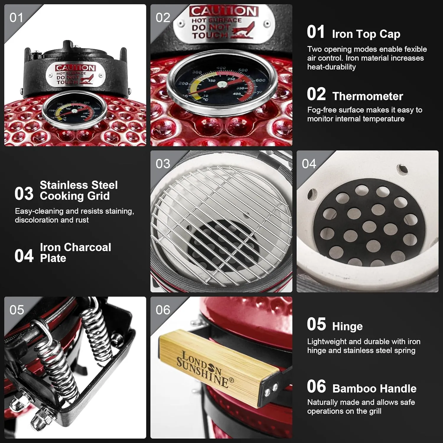 Ceramic BBQ Charcoal Kamado Grill 13 inch Portable Tabletop BBQ Grill with Stainless Steel Grates, pearlescent red