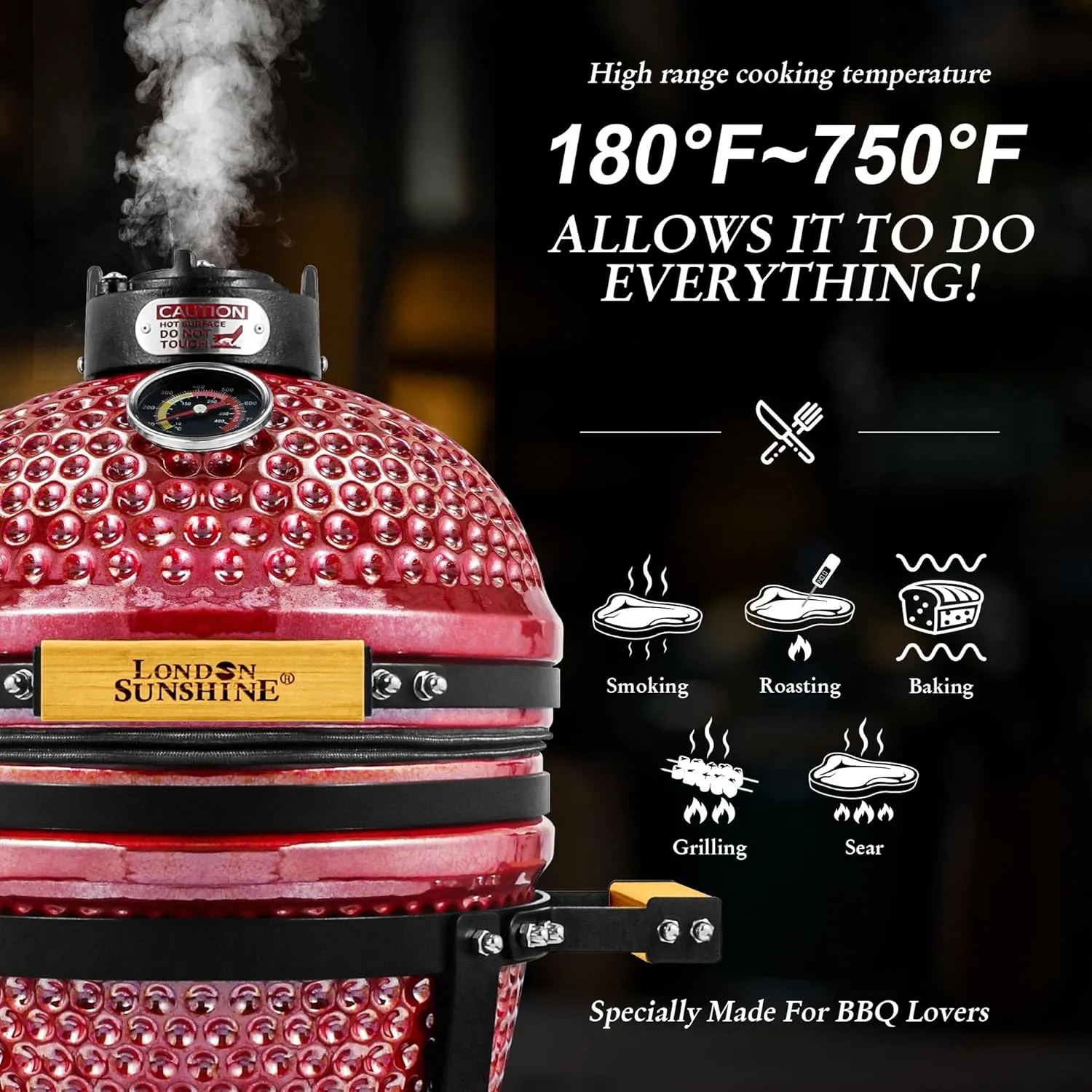 Ceramic BBQ Charcoal Kamado Grill 13 inch Portable Tabletop BBQ Grill with Stainless Steel Grates, pearlescent red