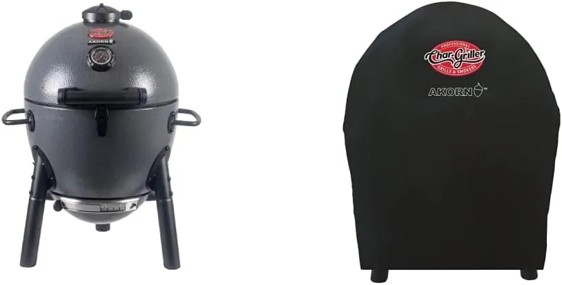 Char-Griller E86714 AKORN Jr. Kamado, Ash Portable Charcoal Grill and Char-Griller 6659 AKORN Jr. Portable Kamado Charcoal Grill Cover, Black