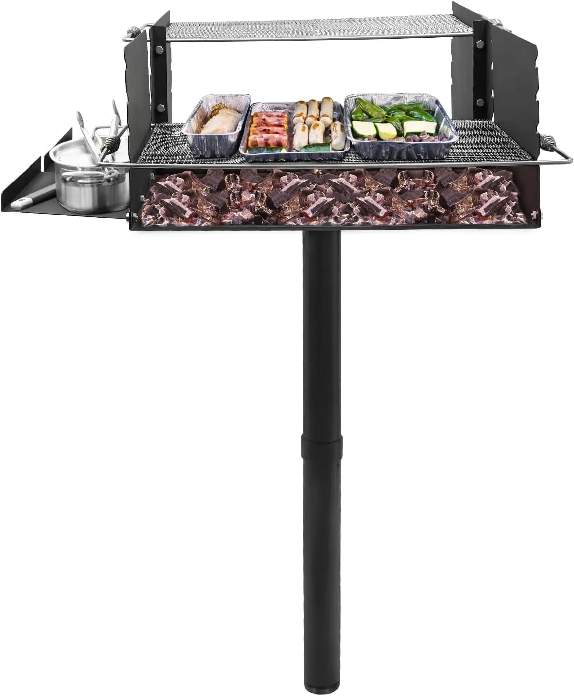 Charcoal Barbeque Grill, Large Park Style Outdoor Grill with Adjustable Height, Stainless Steel Cookin Grate Single Post Outdoor BBQ for Camping, Backyard, Camp Barbecues