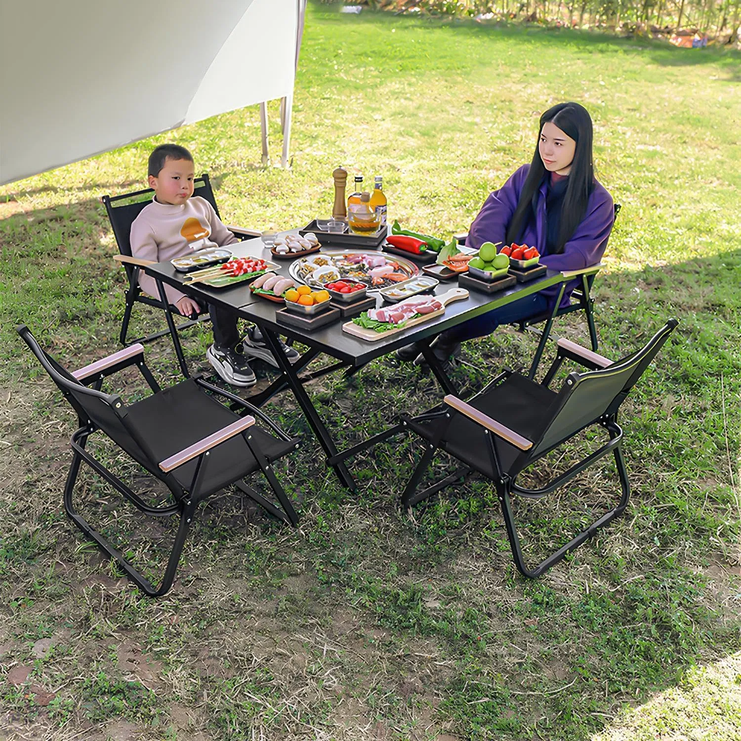 Charcoal BBQ Grill with Folding Table, Portable Charcoal Grill, Barbecue Grill Desk Tabletop Multi-Function Charcoal Barbecue, for Outdoor Cooking Camping Picnics Beach Party(90 * 90 * 55cm)