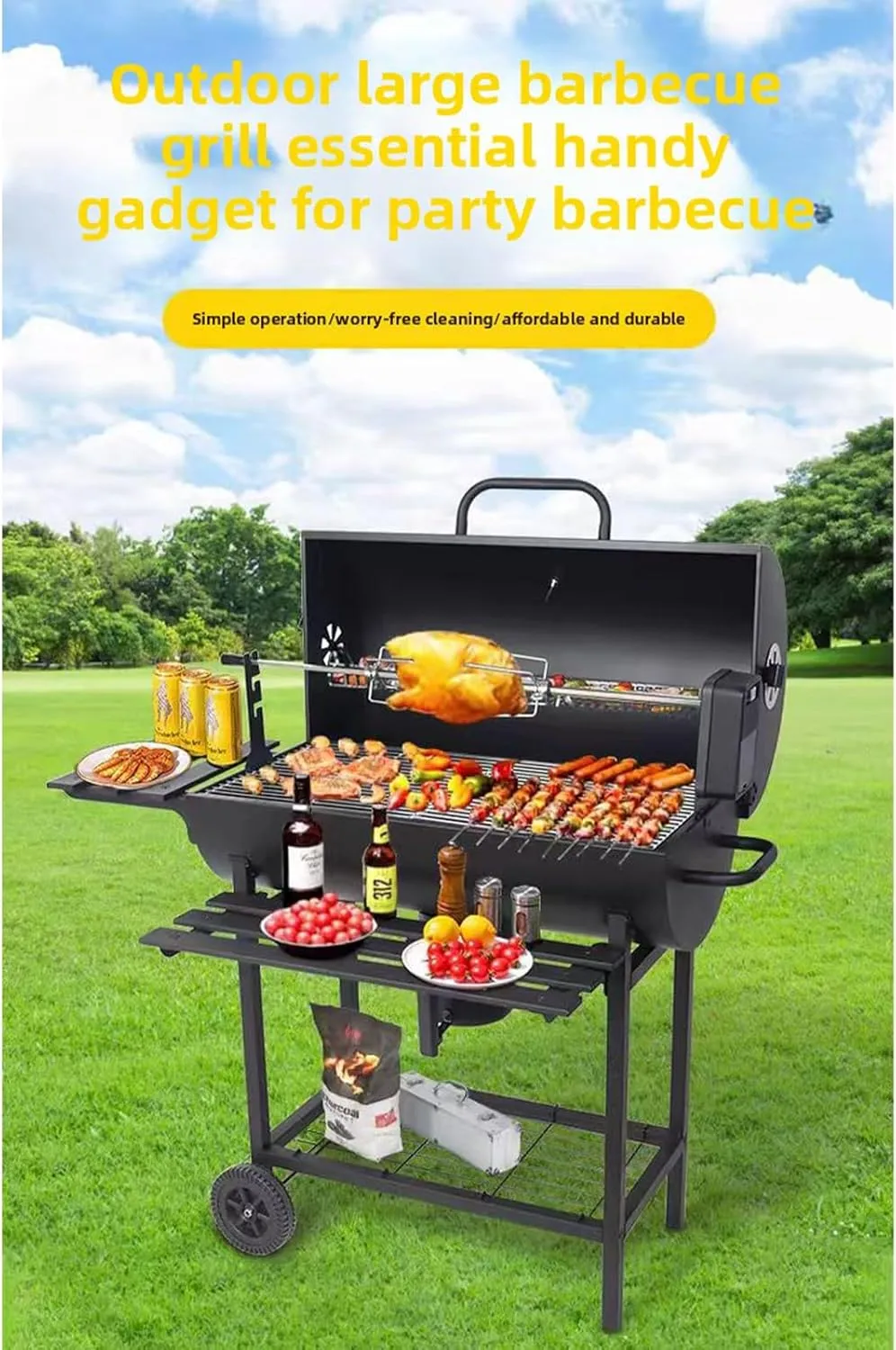 Charcoal Grill - 2 Foldable Side Tables, Belt Bottom Storage Shelf,Perfect for Backyard Camping, Patio Parties, and Picnics (Iron storage board)