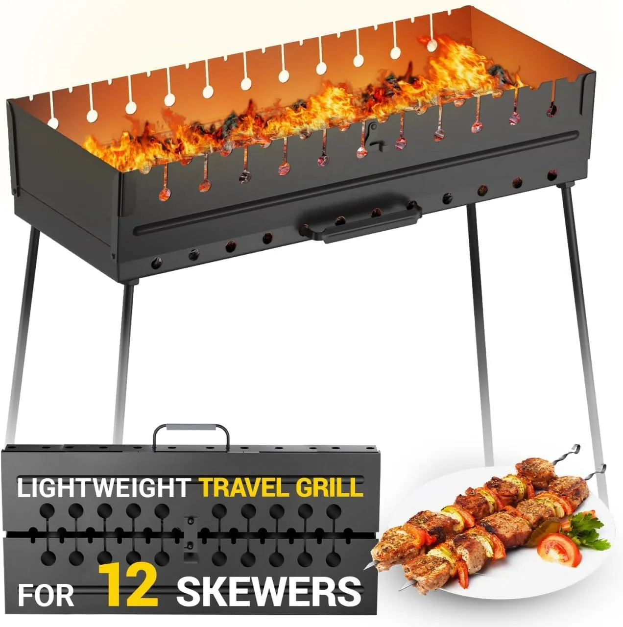 Charcoal Grill for 12 Skewers - Portable Barbecue Camp Grills - Mangal Schaschlik Foldable Metal Mangal - Kebab Shish BBQ for EDC Picnic Outdoor Cooking Camping Hiking NB12