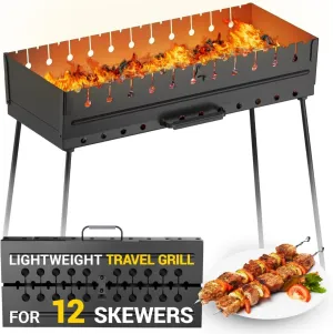 Charcoal Grill for 12 Skewers - Portable Barbecue Camp Grills - Mangal Schaschlik Foldable Metal Mangal - Kebab Shish BBQ for EDC Picnic Outdoor Cooking Camping Hiking NB12