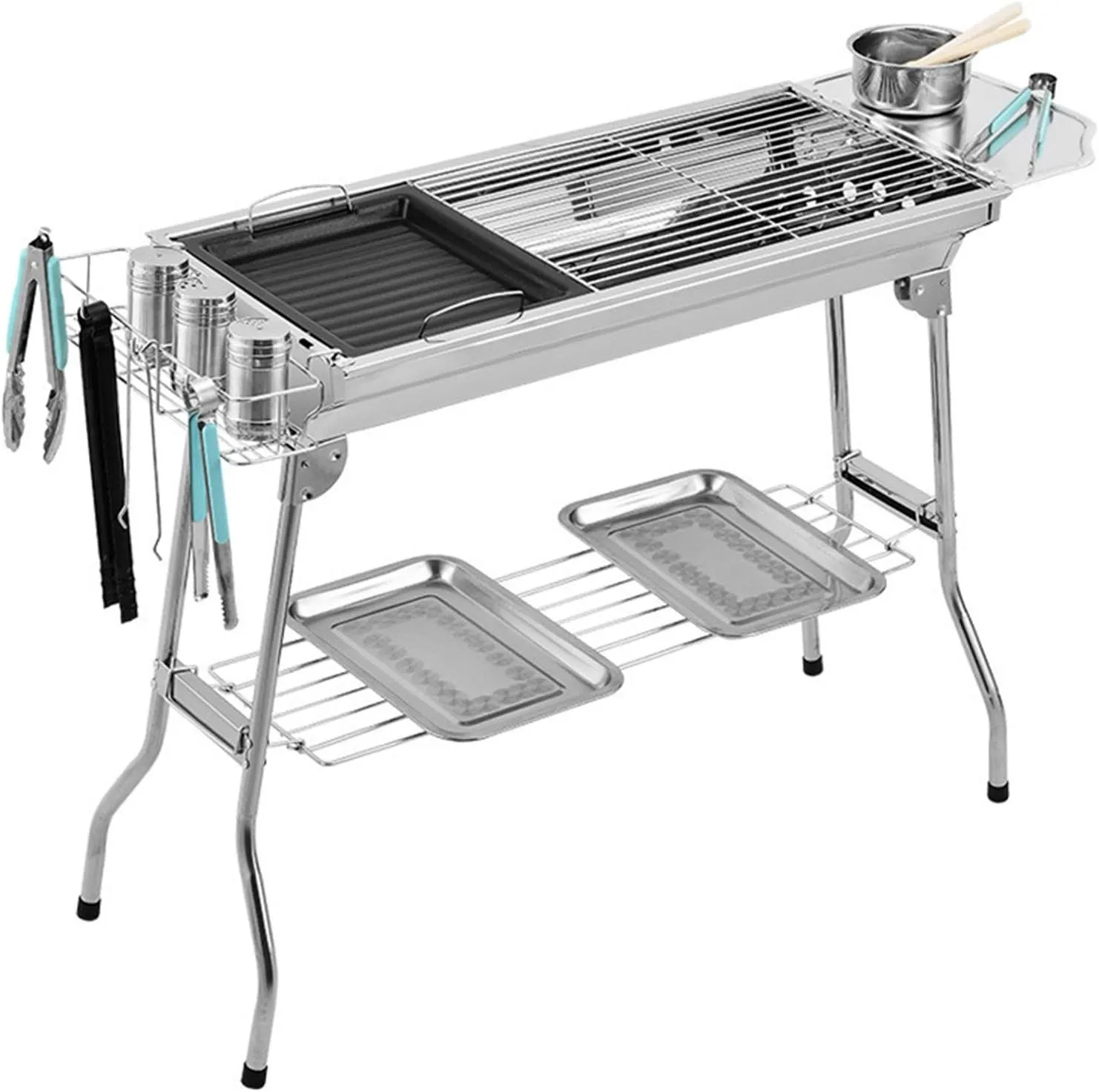 Charcoal Grill Outdoor Stainless Folding BBQ Grills Picnic Barbecue Rack Stove Accessories Suitable for 3-6 Person, Silver Camping Travel
