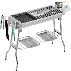 Charcoal Grill Outdoor Stainless Folding BBQ Grills Picnic Barbecue Rack Stove Accessories Suitable for 3-6 Person, Silver Camping Travel