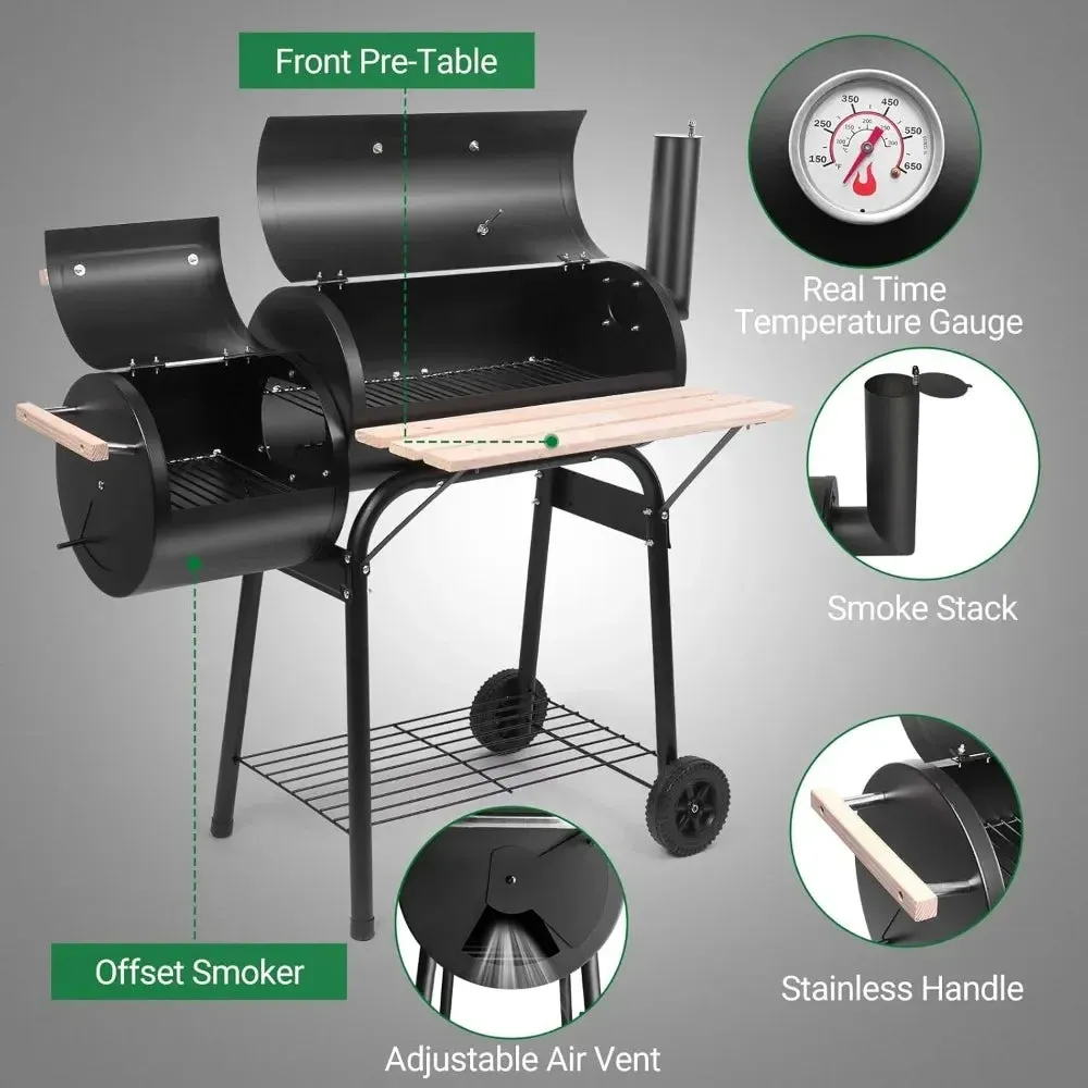 Charcoal Grill with Offset Smoker and Side Fire Box for Outdoor Cooking