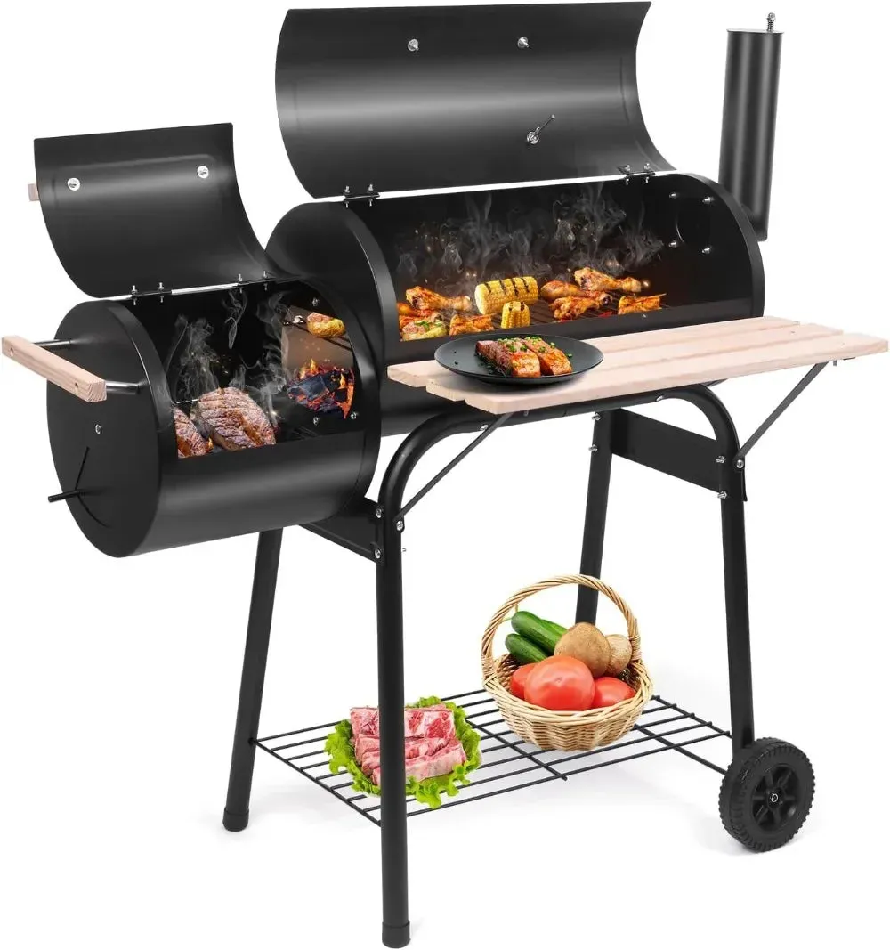 Charcoal Grill with Offset Smoker and Side Fire Box for Outdoor Cooking