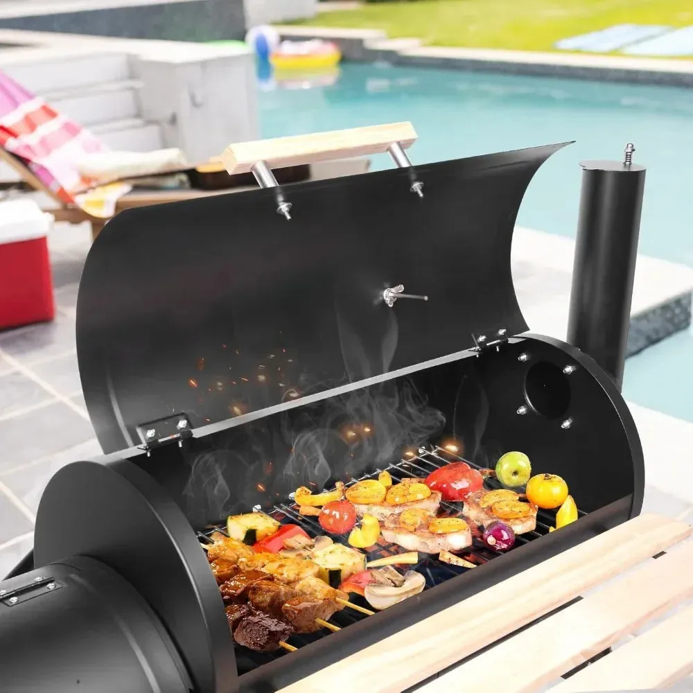 Charcoal Grill with Offset Smoker and Side Fire Box for Outdoor Cooking