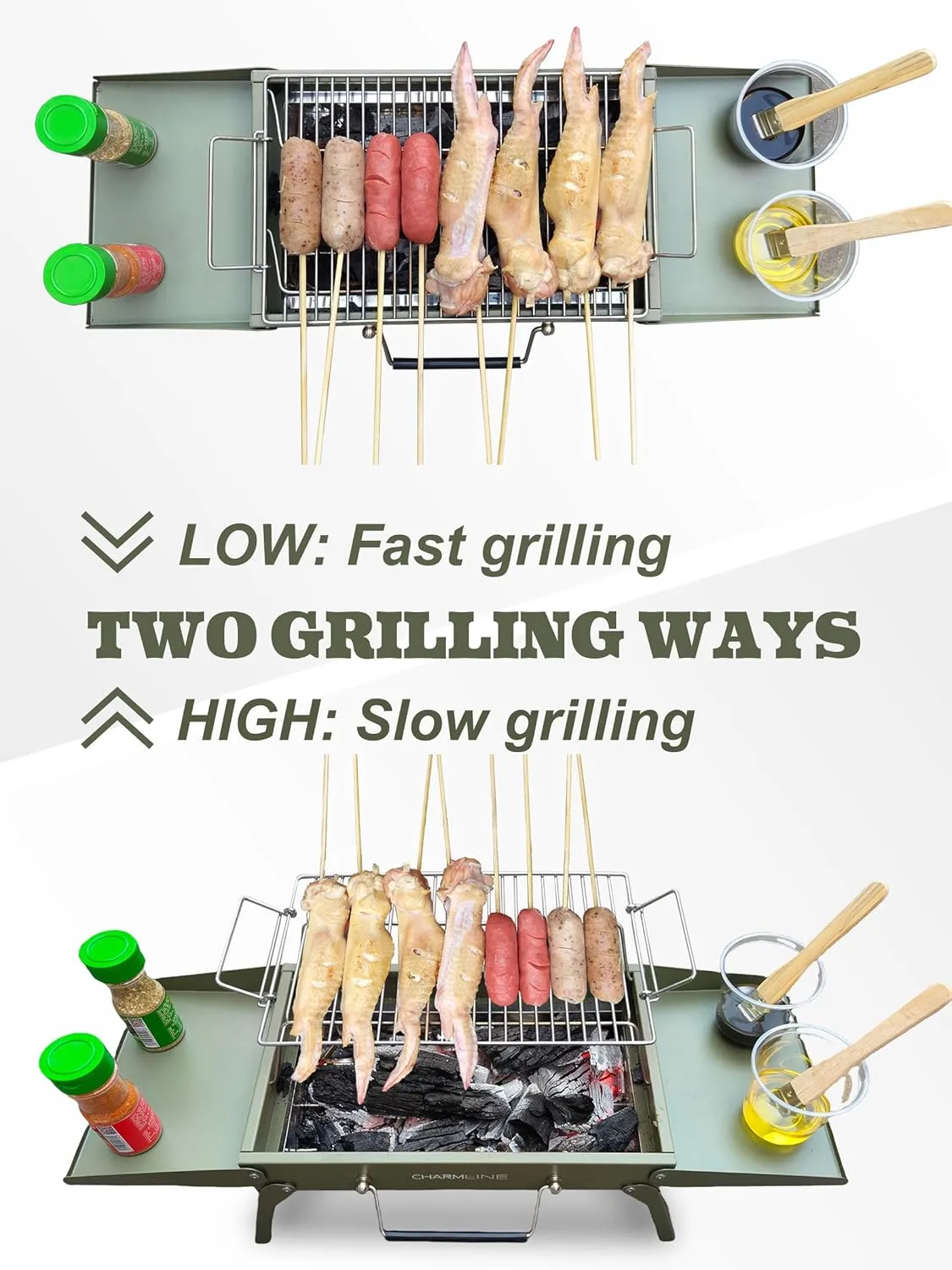Charmline 14x9inch Desktop Charcoal Grill, Liftable Grilling Net, Saving Space Grill for Indoor and Outdoor, BBQ Grill for Camping, Gardens, Picnics, Beach Parties, Green