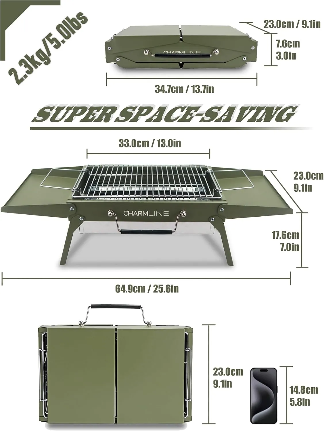 Charmline 14x9inch Desktop Charcoal Grill, Liftable Grilling Net, Saving Space Grill for Indoor and Outdoor, BBQ Grill for Camping, Gardens, Picnics, Beach Parties, Green