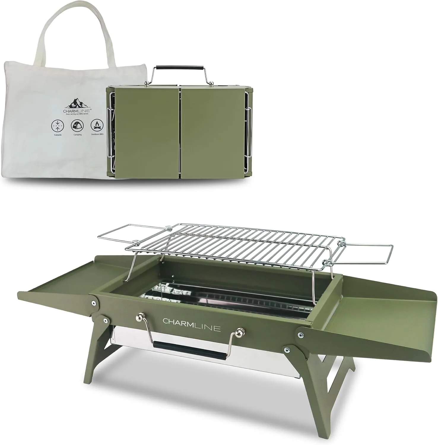 Charmline 14x9inch Desktop Charcoal Grill, Liftable Grilling Net, Saving Space Grill for Indoor and Outdoor, BBQ Grill for Camping, Gardens, Picnics, Beach Parties, Green