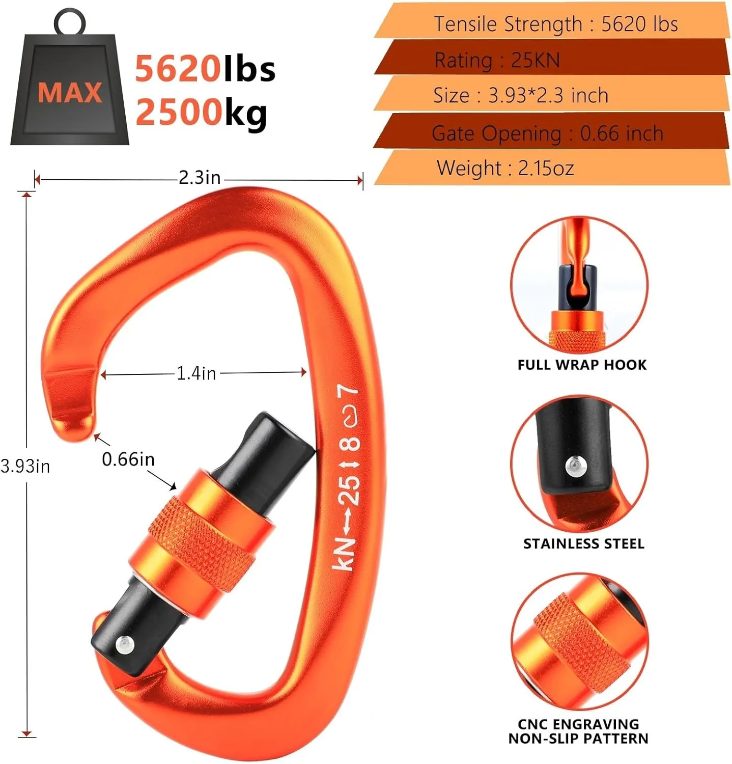 Climbing Locking Carabiner Clip Rappelling - Thorn 25KN Heavy Duty Large Screwgate Carabiners Clips for Rock Climbing,Mountaineer,Hammock,Camping,Gym