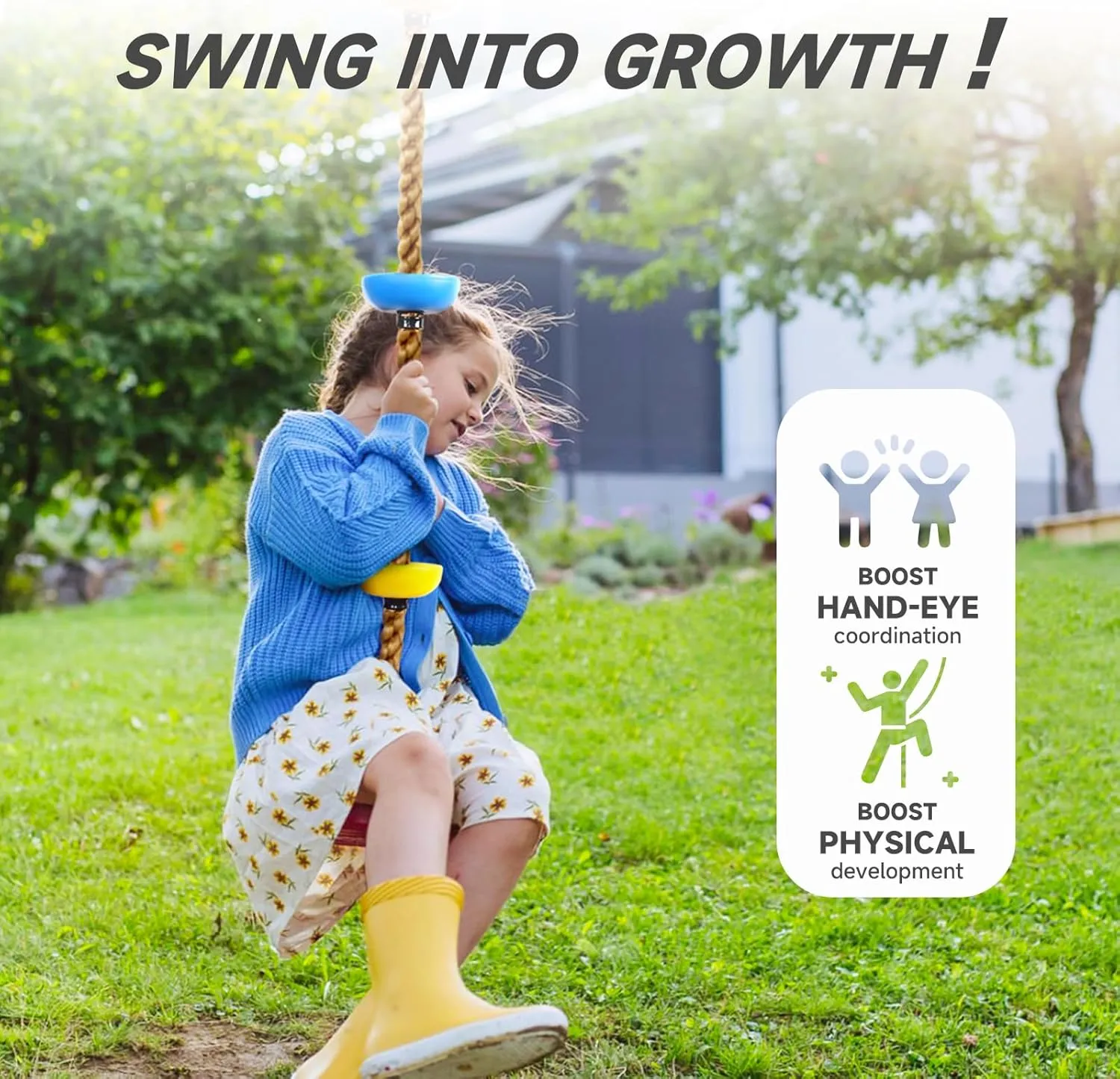 Climbing Rope Tree Swing with Platforms and Disc Swing Seat Set Outdoor Playground Accessories for Kids Including Hanging Strap & Carabiner
