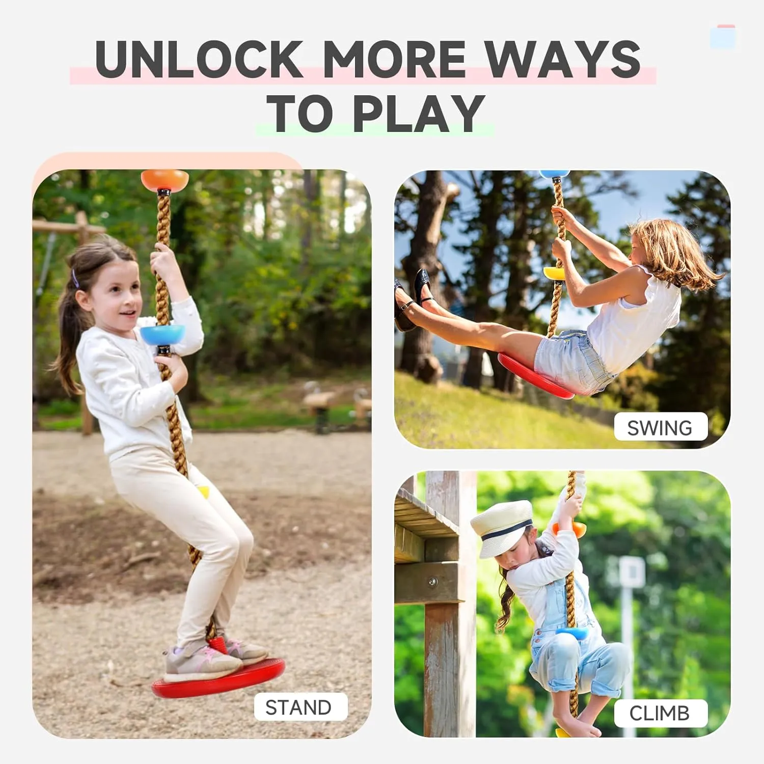 Climbing Rope Tree Swing with Platforms and Disc Swing Seat Set Outdoor Playground Accessories for Kids Including Hanging Strap & Carabiner
