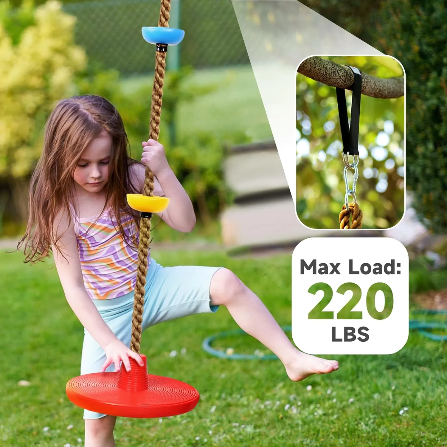 Climbing Rope Tree Swing with Platforms and Disc Swing Seat Set Outdoor Playground Accessories for Kids Including Hanging Strap & Carabiner