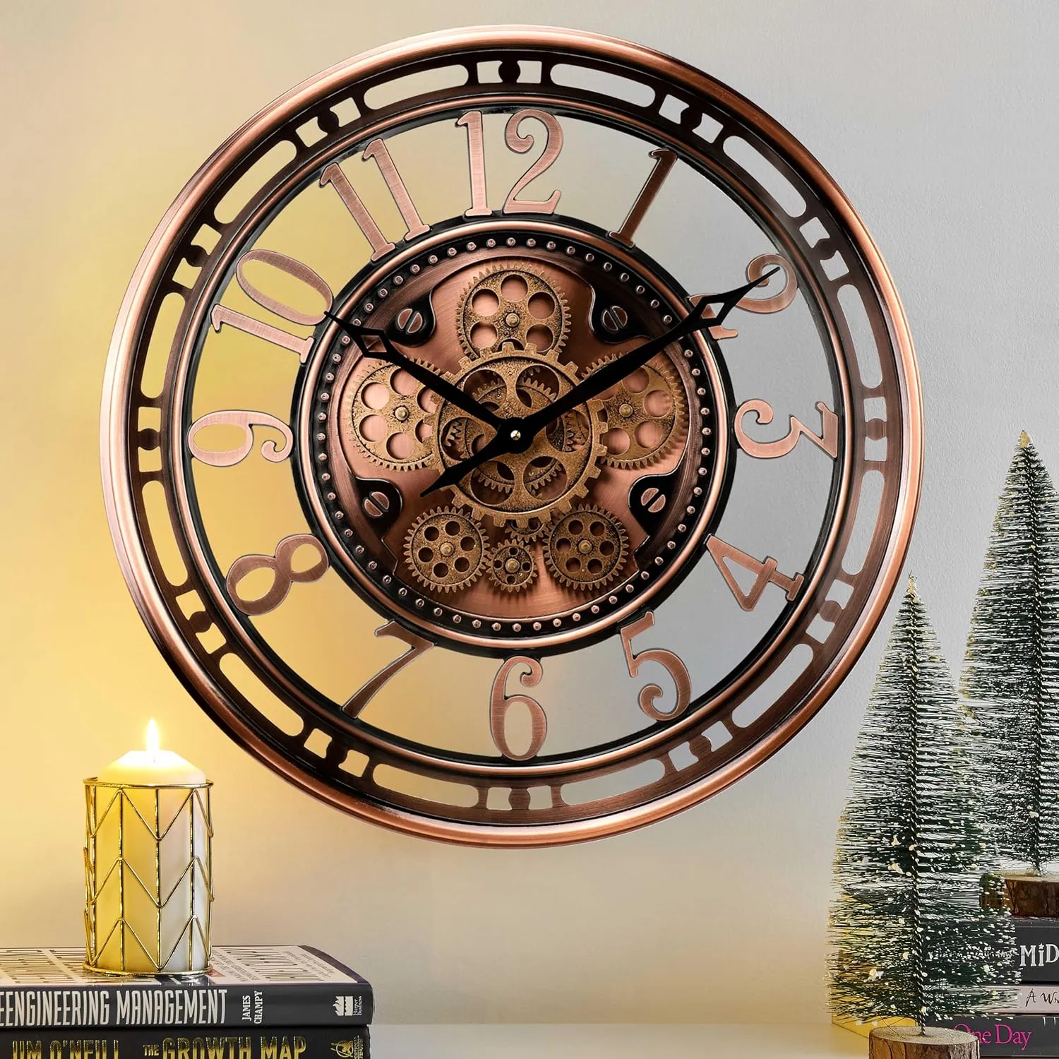 CLXEAST 21 Inch Moving Gear Wall Clock for Modern Farmhouse Living Room Decor,Large Industrial Steampunk Wall Clock for Home Office,Metal Copper Finished,Gifts for Women