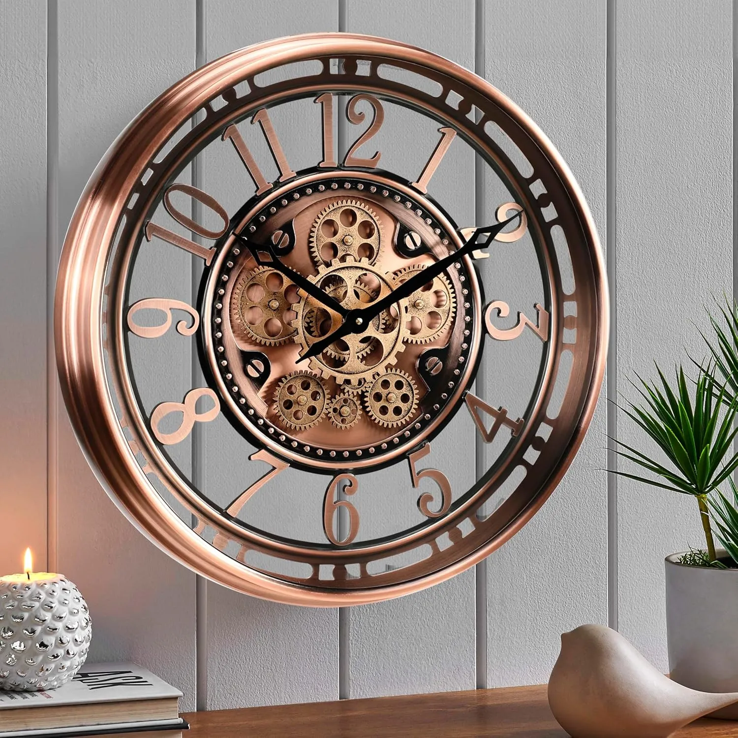 CLXEAST 21 Inch Moving Gear Wall Clock for Modern Farmhouse Living Room Decor,Large Industrial Steampunk Wall Clock for Home Office,Metal Copper Finished,Gifts for Women