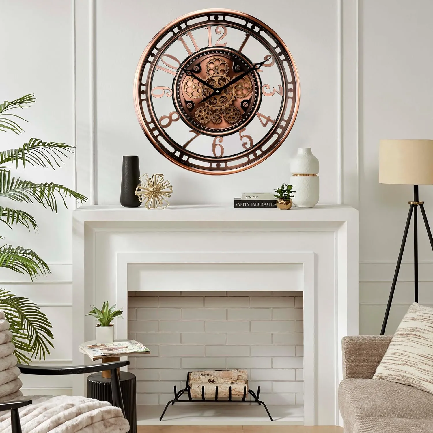 CLXEAST 21 Inch Moving Gear Wall Clock for Modern Farmhouse Living Room Decor,Large Industrial Steampunk Wall Clock for Home Office,Metal Copper Finished,Gifts for Women