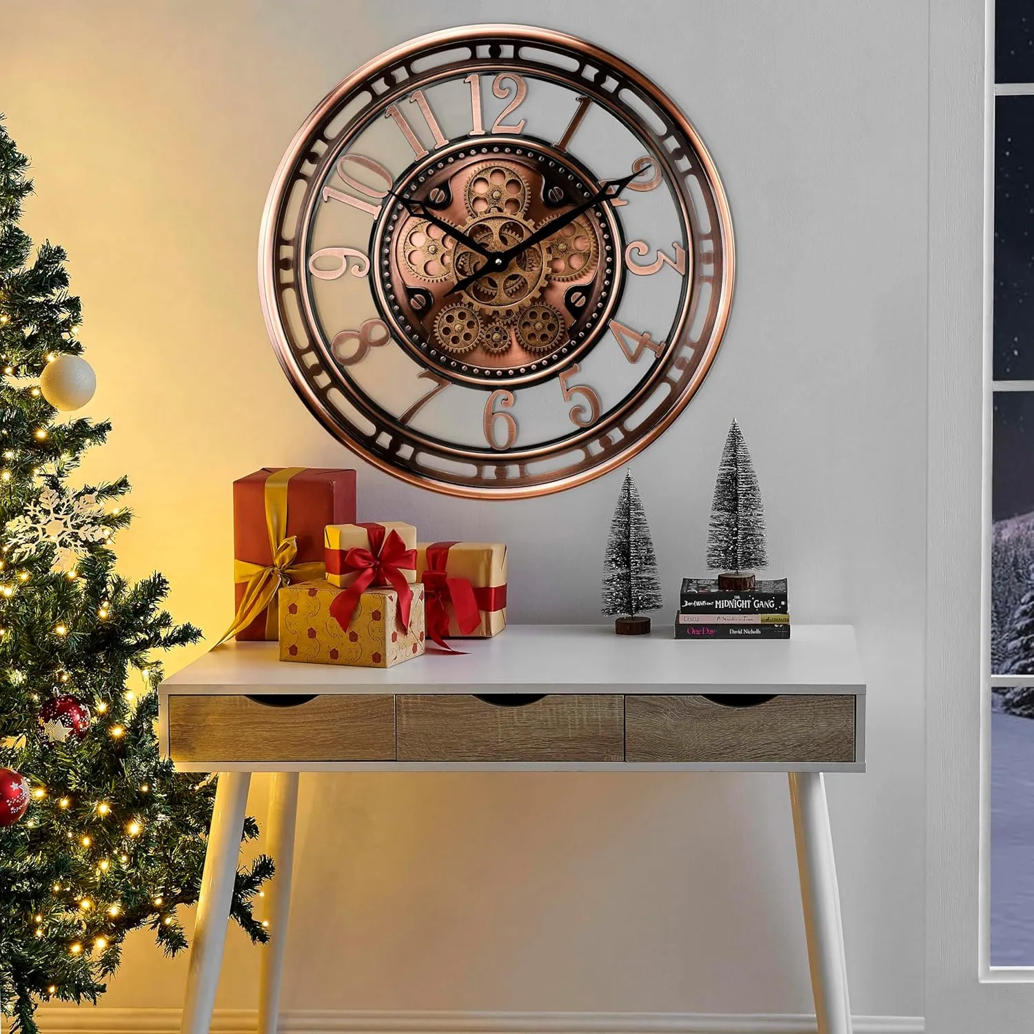 CLXEAST 21 Inch Moving Gear Wall Clock for Modern Farmhouse Living Room Decor,Large Industrial Steampunk Wall Clock for Home Office,Metal Copper Finished,Gifts for Women