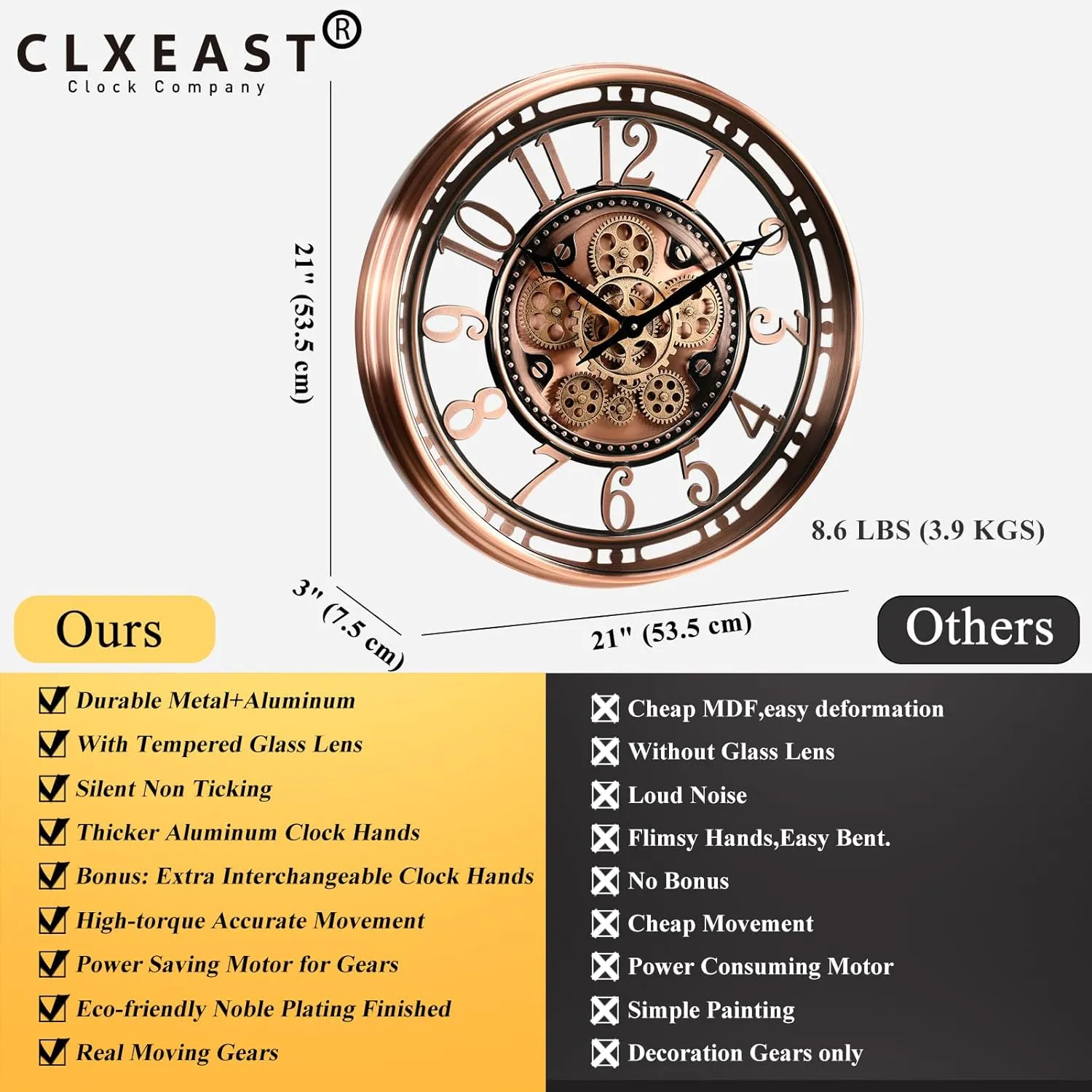 CLXEAST 21 Inch Moving Gear Wall Clock for Modern Farmhouse Living Room Decor,Large Industrial Steampunk Wall Clock for Home Office,Metal Copper Finished,Gifts for Women