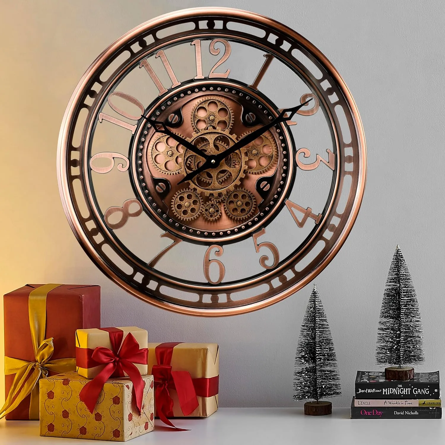 CLXEAST 21 Inch Moving Gear Wall Clock for Modern Farmhouse Living Room Decor,Large Industrial Steampunk Wall Clock for Home Office,Metal Copper Finished,Gifts for Women