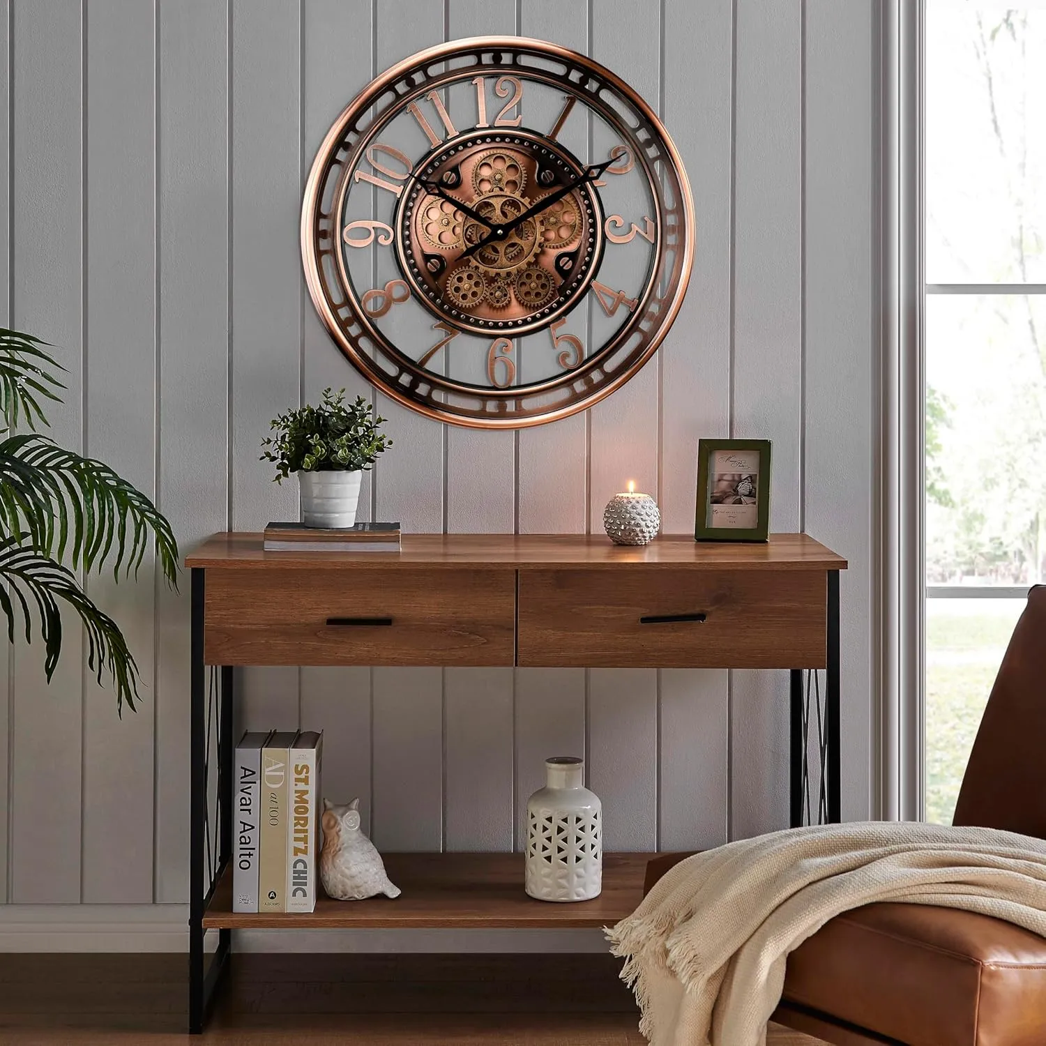 CLXEAST 21 Inch Moving Gear Wall Clock for Modern Farmhouse Living Room Decor,Large Industrial Steampunk Wall Clock for Home Office,Metal Copper Finished,Gifts for Women