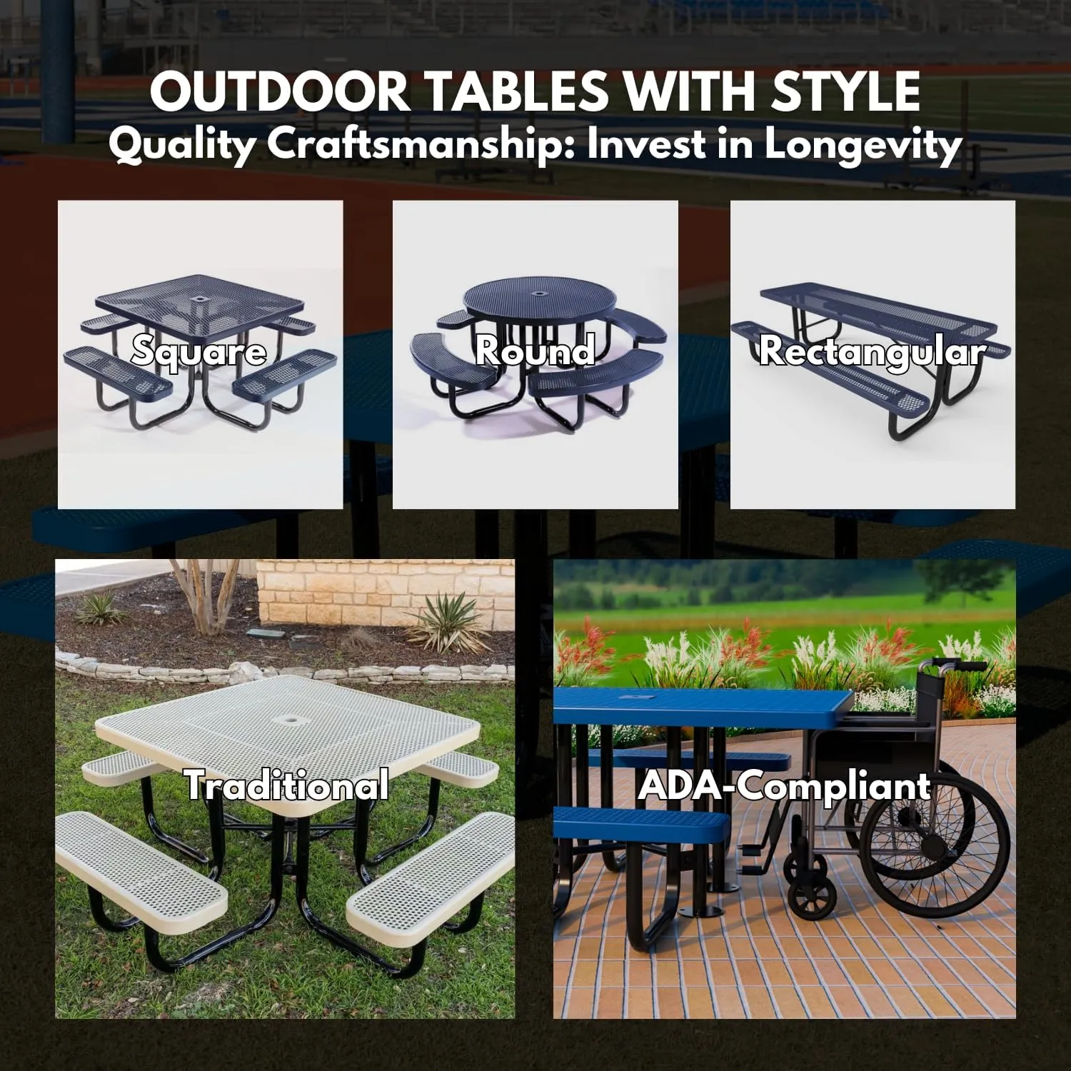 Coated Outdoor Furniture Heavy-Duty Portable Outdoor Picnic Table with Umbrella Hole, Expanded Metal Commercial-Grade Patio Dining Furniture Made in America (46" Round Top, Textured Light Blue)