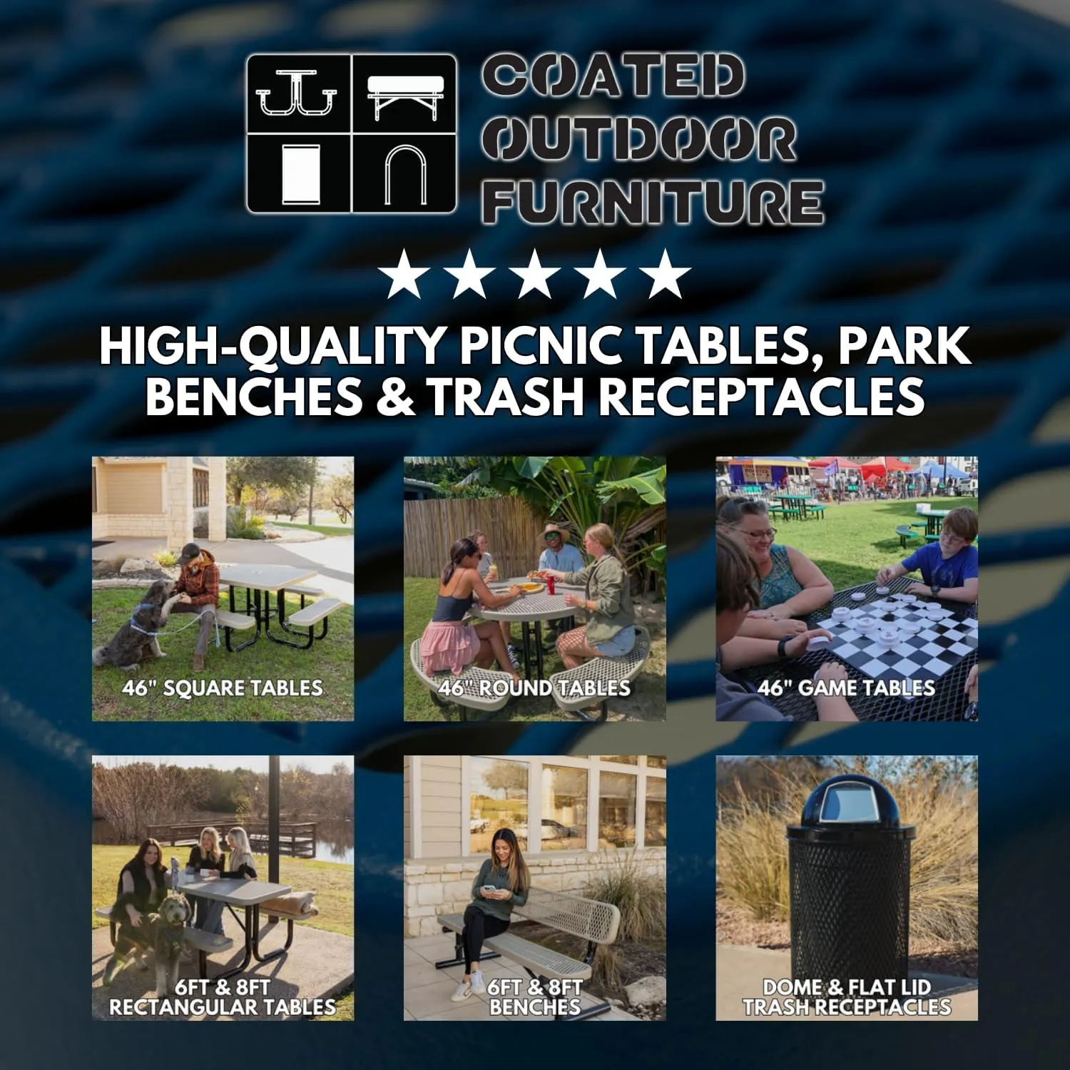Coated Outdoor Furniture Heavy-Duty Portable Outdoor Picnic Table with Umbrella Hole, Expanded Metal Commercial-Grade Patio Dining Furniture Made in America (46" Round Top, Textured Light Blue)
