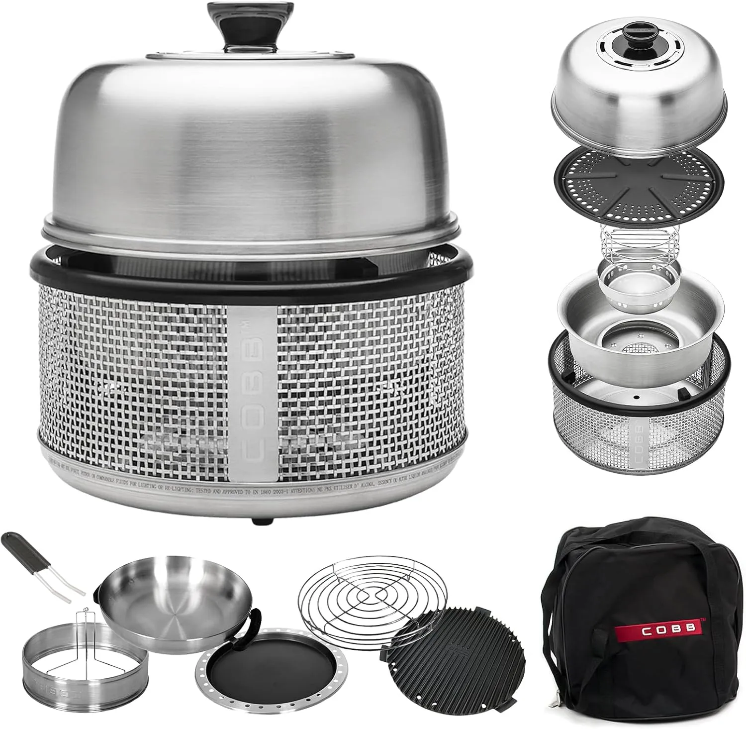 COBB 10-in-1 Portable Charcoal Grill with Smoker & Griddle, Camping BBQ Grill for RV Cooking, Boats & Tailgates, Tabletop Design with 10 Accessories (Kitchen In A Box, 304 Stainless Steel)