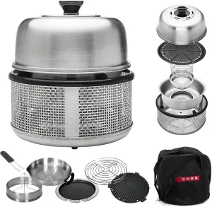 COBB 10-in-1 Portable Charcoal Grill with Smoker & Griddle, Camping BBQ Grill for RV Cooking, Boats & Tailgates, Tabletop Design with 10 Accessories (Kitchen In A Box, 304 Stainless Steel)