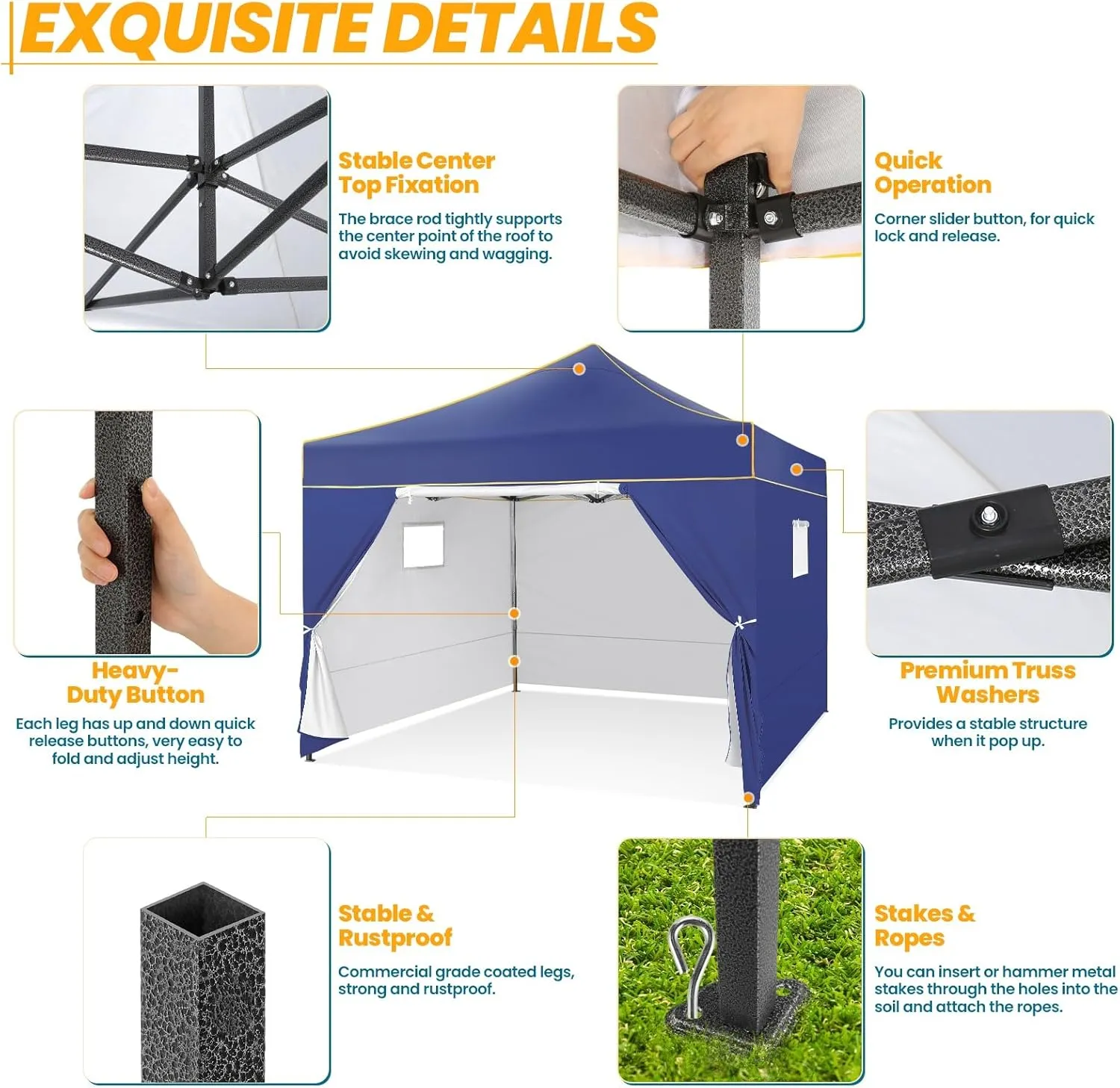 COBIZI 10x10 Heavy Duty Pop Up Canopy Tent for Event Commercial Instant Canopy with 4 Sidewalls, Portable Vendor Outdoor Tent for Parties，Backyard, Camping, Waterproof UPF50 , Dark Blue