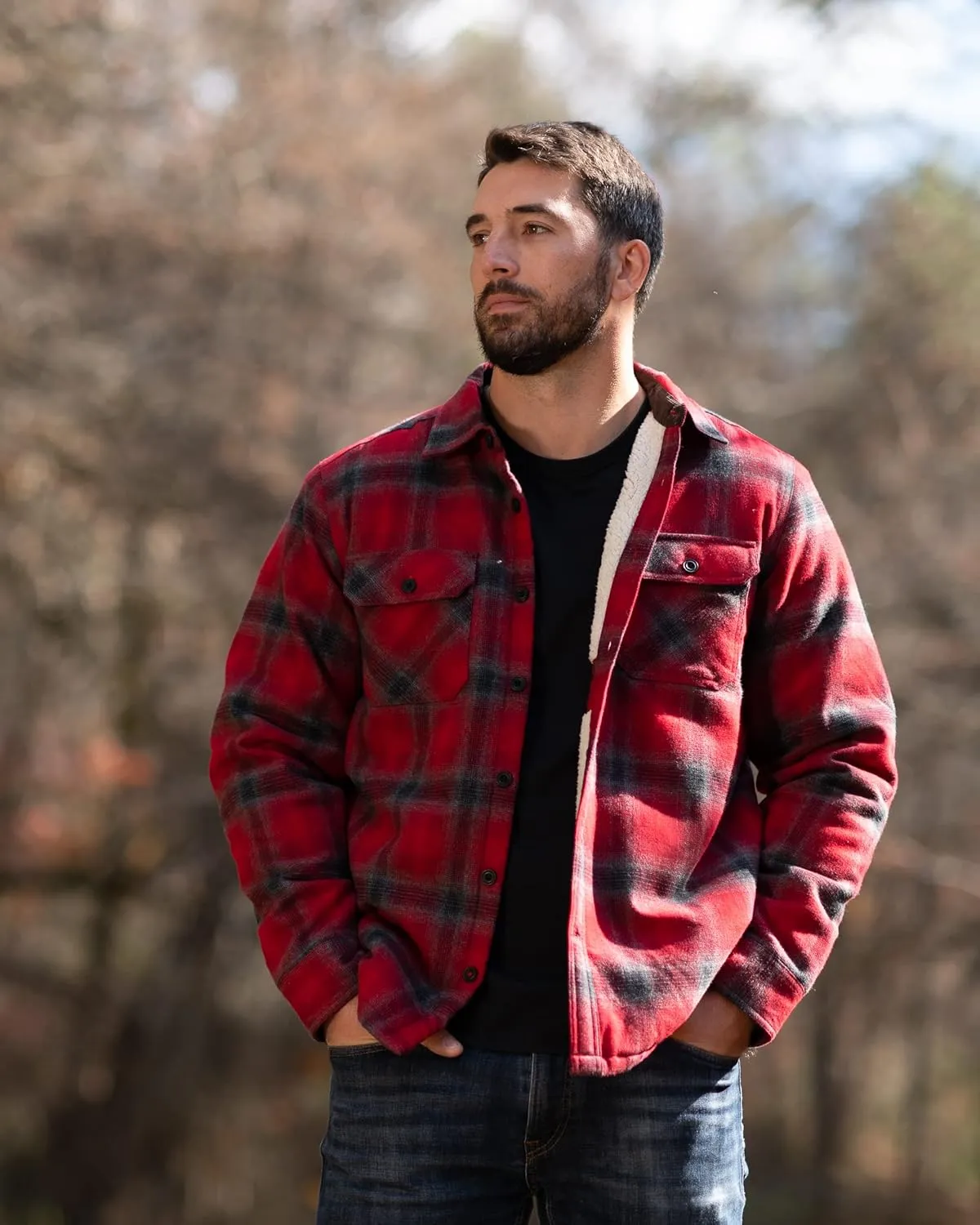 Coleman Sherpa Lined Yukon Flannel Shirt Jackets with Corduroy Trim Red/Charcoal Large