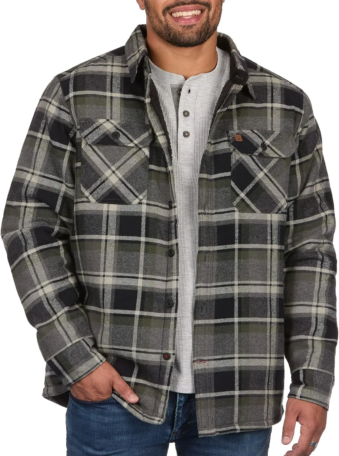 Coleman Sherpa Lined Yukon Flannel Shirt Jackets with Corduroy Trim Red/Charcoal Large
