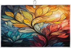Colorful Abstract Leaves Golf Towel with Heavy Duty Carabiner Ultra Absorbent Quick Dry Perfect for Cleaning Clubs Balls Gear Essential Golf Accessory for Men Women Kids