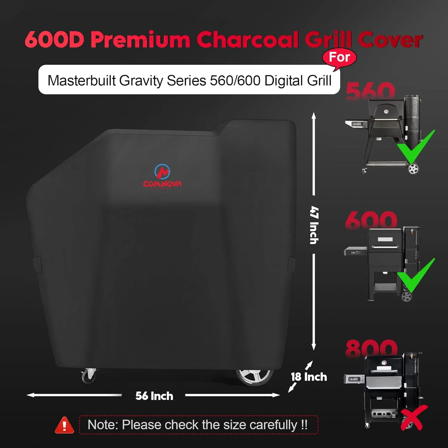 Comnova Grill Cover for Masterbuilt Gravity Series 560/600 Digital Charcoal Grill and Smoker, Waterproof & Heavy Duty, 600D Charcoal Grill Cover for MB20040220, Black (56" x 18" x 47")