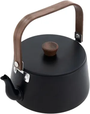 Compact Aluminum Alloy Kettle with Wood Handle for Outdoor Use, Black