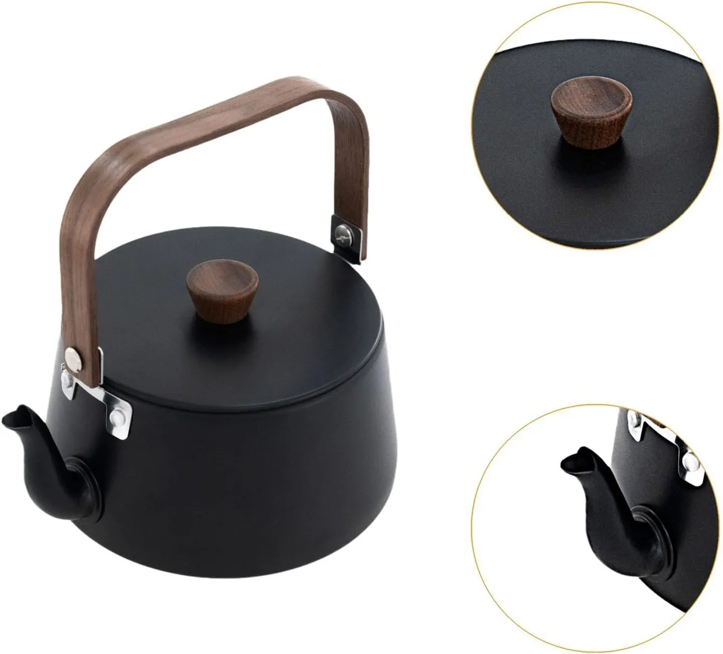 Compact Aluminum Alloy Kettle with Wood Handle for Outdoor Use, Black