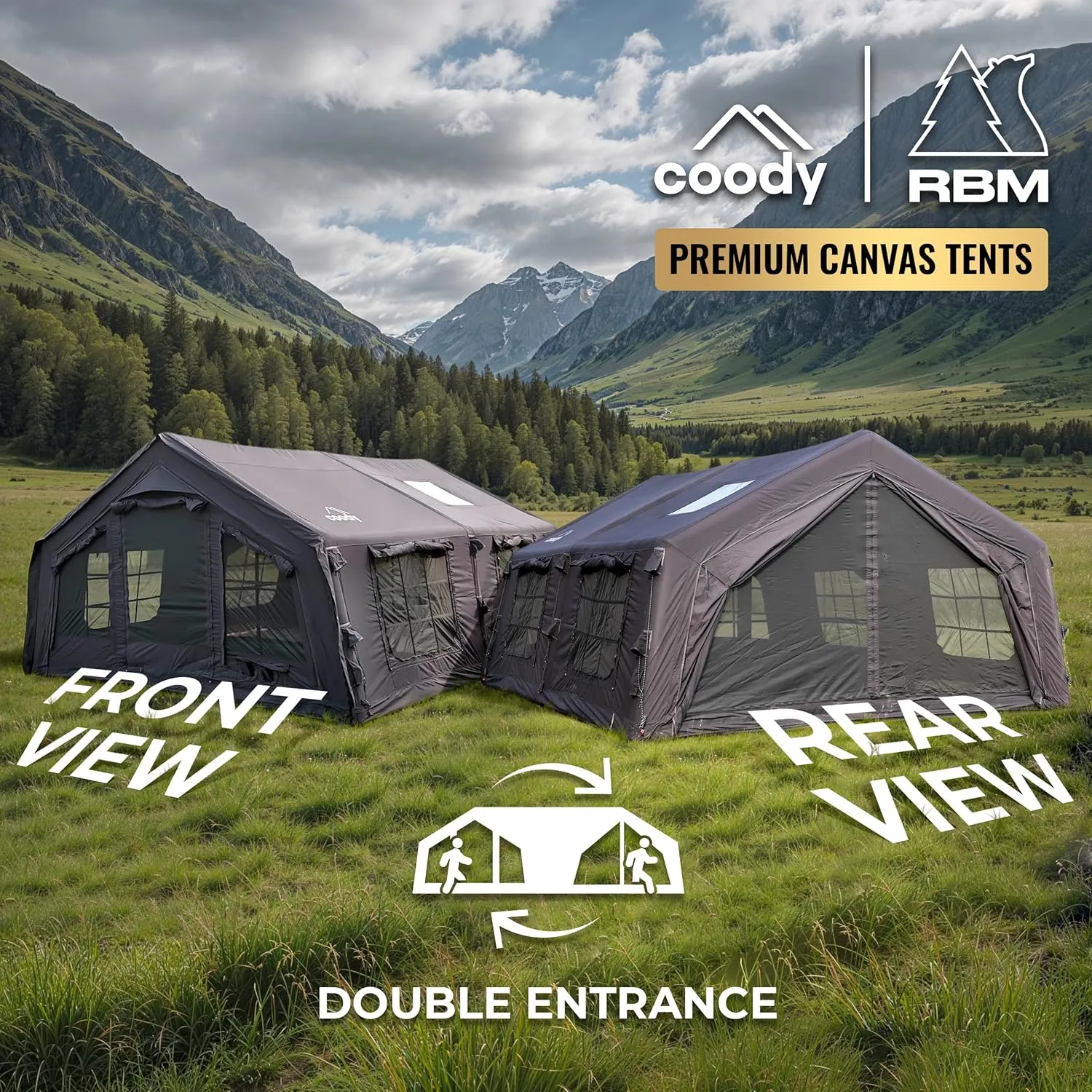 Coody | Rbm Outdoors Koala/Hub/Octopus Inflatable Tents for Camping with Stove Jack, 2/8/10 Person Luxury Canvas Blow Up Tent, 2 Room, Easy Setup Casa de Campaña, Large Inflatable House with Pump