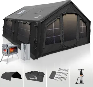 Coody | Rbm Outdoors Koala/Hub/Octopus Inflatable Tents for Camping with Stove Jack, 2/8/10 Person Luxury Canvas Blow Up Tent, 2 Room, Easy Setup Casa de Campaña, Large Inflatable House with Pump