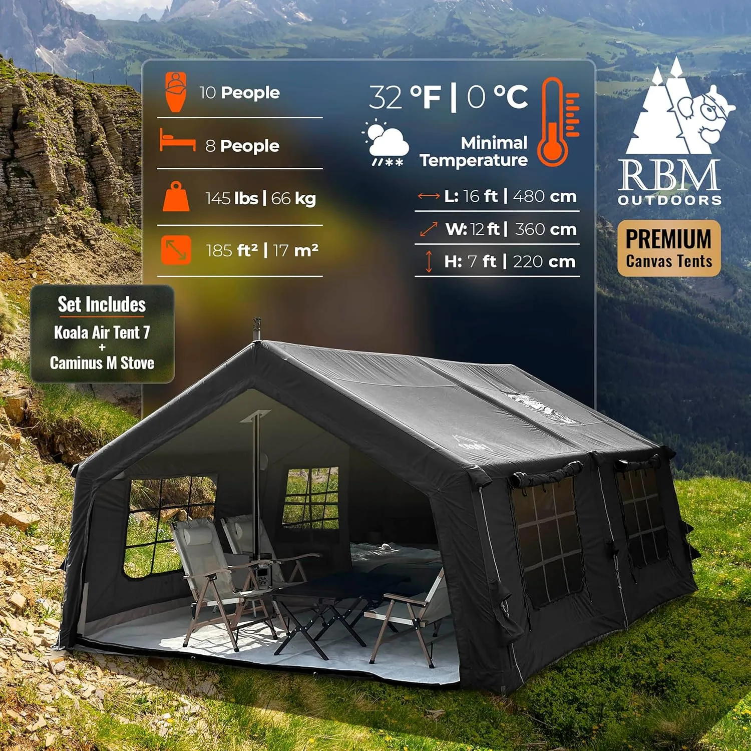 Coody | Rbm Outdoors Koala/Hub/Octopus Inflatable Tents for Camping with Stove Jack, 2/8/10 Person Luxury Canvas Blow Up Tent, 2 Room, Easy Setup Casa de Campaña, Large Inflatable House with Pump