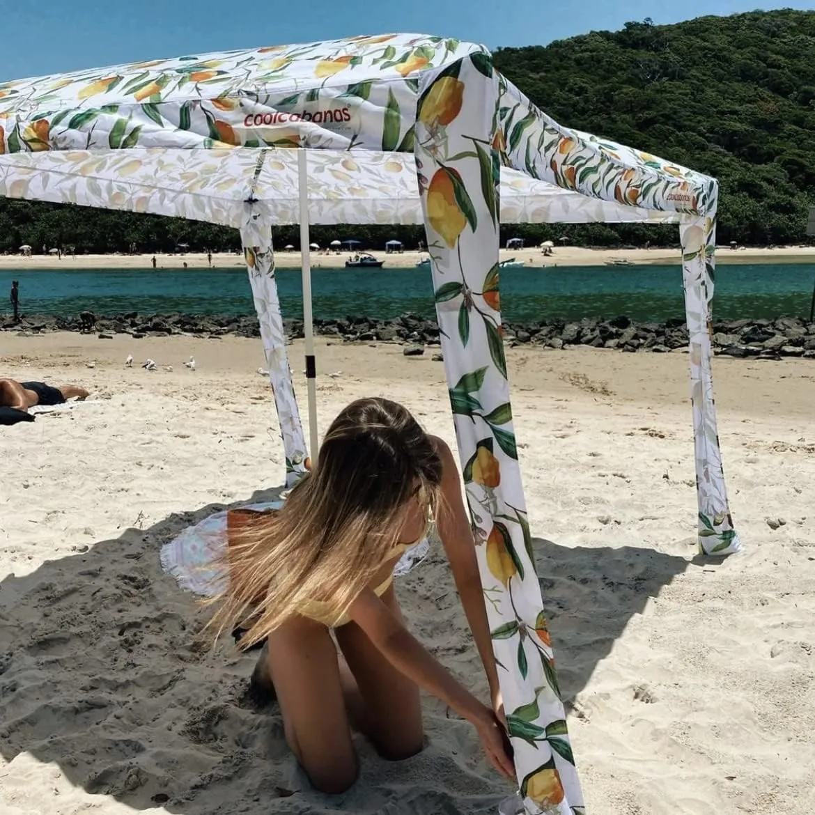 CoolCabana Beach Shade Tent - Easy Setup, UPF 50  Protection, Large & Medium Sizes, Compact & Wind Resistant - Beach Cabana for The Whole Family - Lemon Scarletta, Medium
