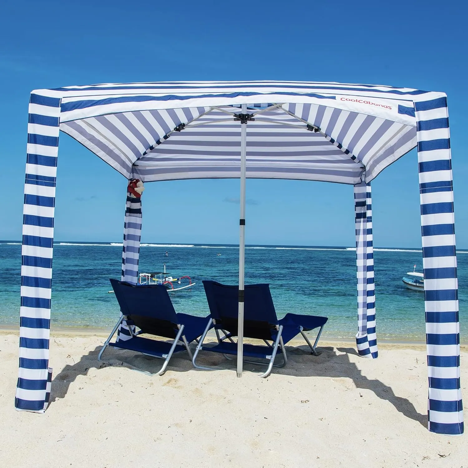 CoolCabana Beach Shade Tent - Easy Setup, UPF 50  Protection, Large & Medium Sizes, Compact & Wind Resistant - Beach Cabana for The Whole Family - Navy Stripes, Medium