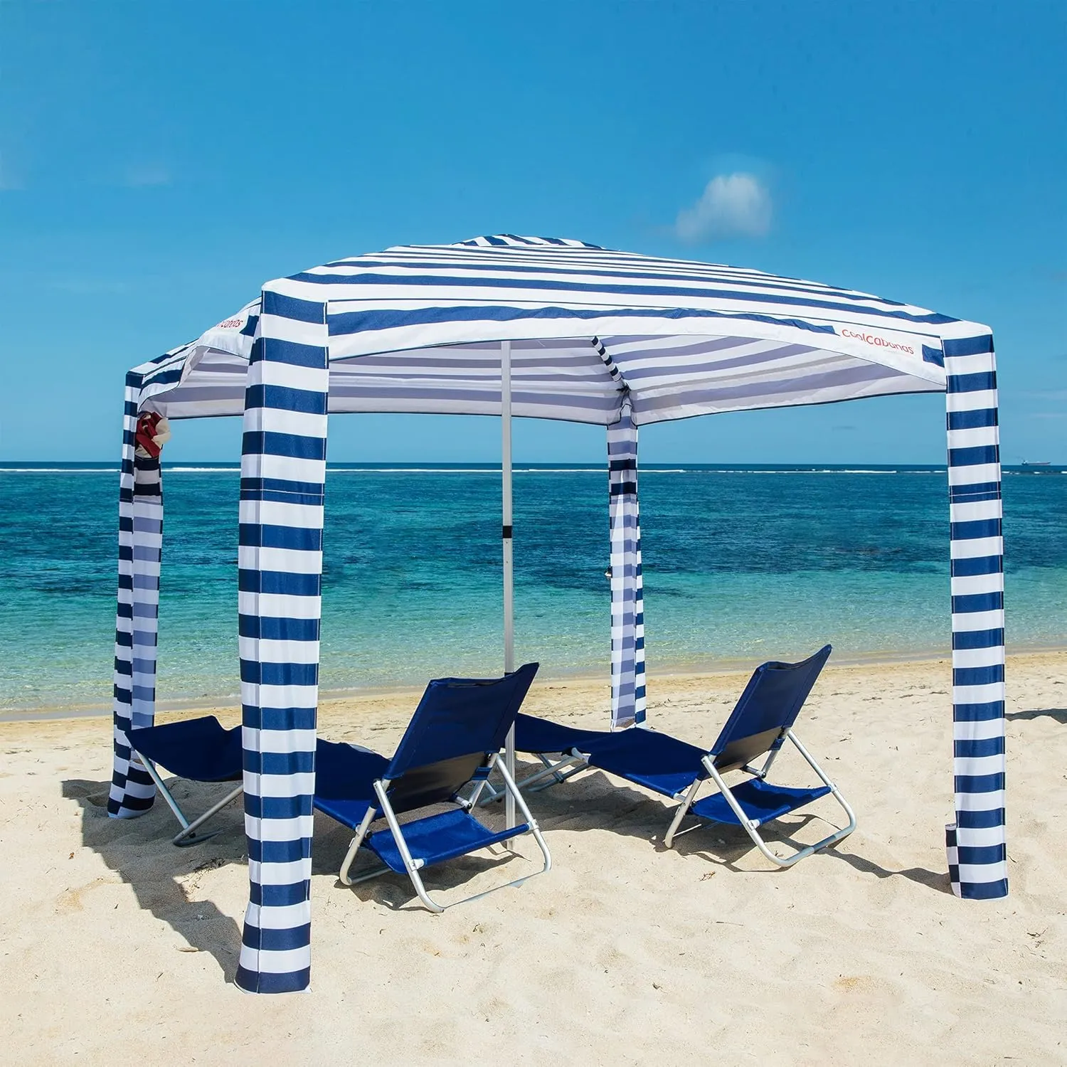 CoolCabana Beach Shade Tent - Easy Setup, UPF 50  Protection, Large & Medium Sizes, Compact & Wind Resistant - Beach Cabana for The Whole Family - Navy Stripes, Medium