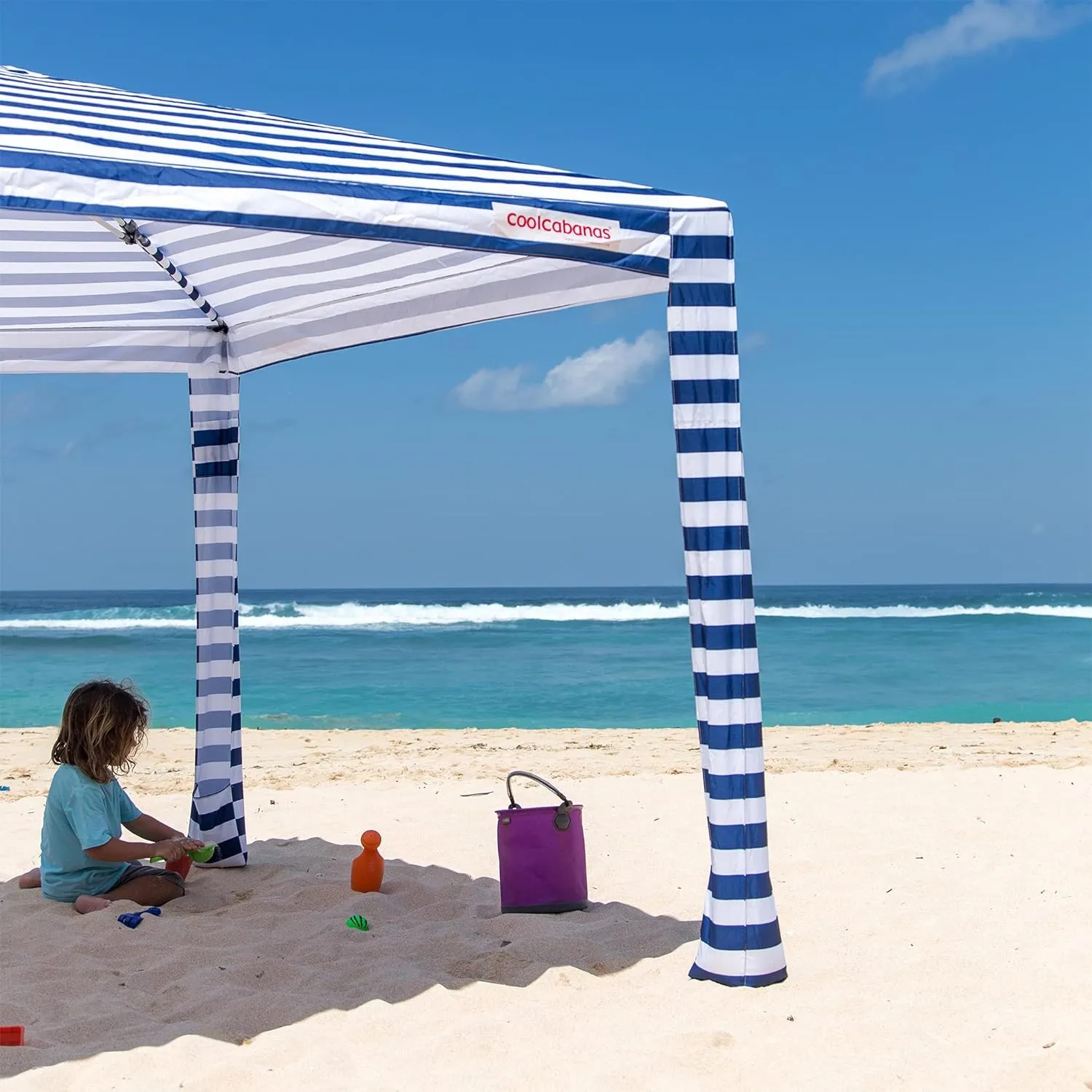 CoolCabana Beach Shade Tent - Easy Setup, UPF 50  Protection, Large & Medium Sizes, Compact & Wind Resistant - Beach Cabana for The Whole Family - Navy Stripes, Medium