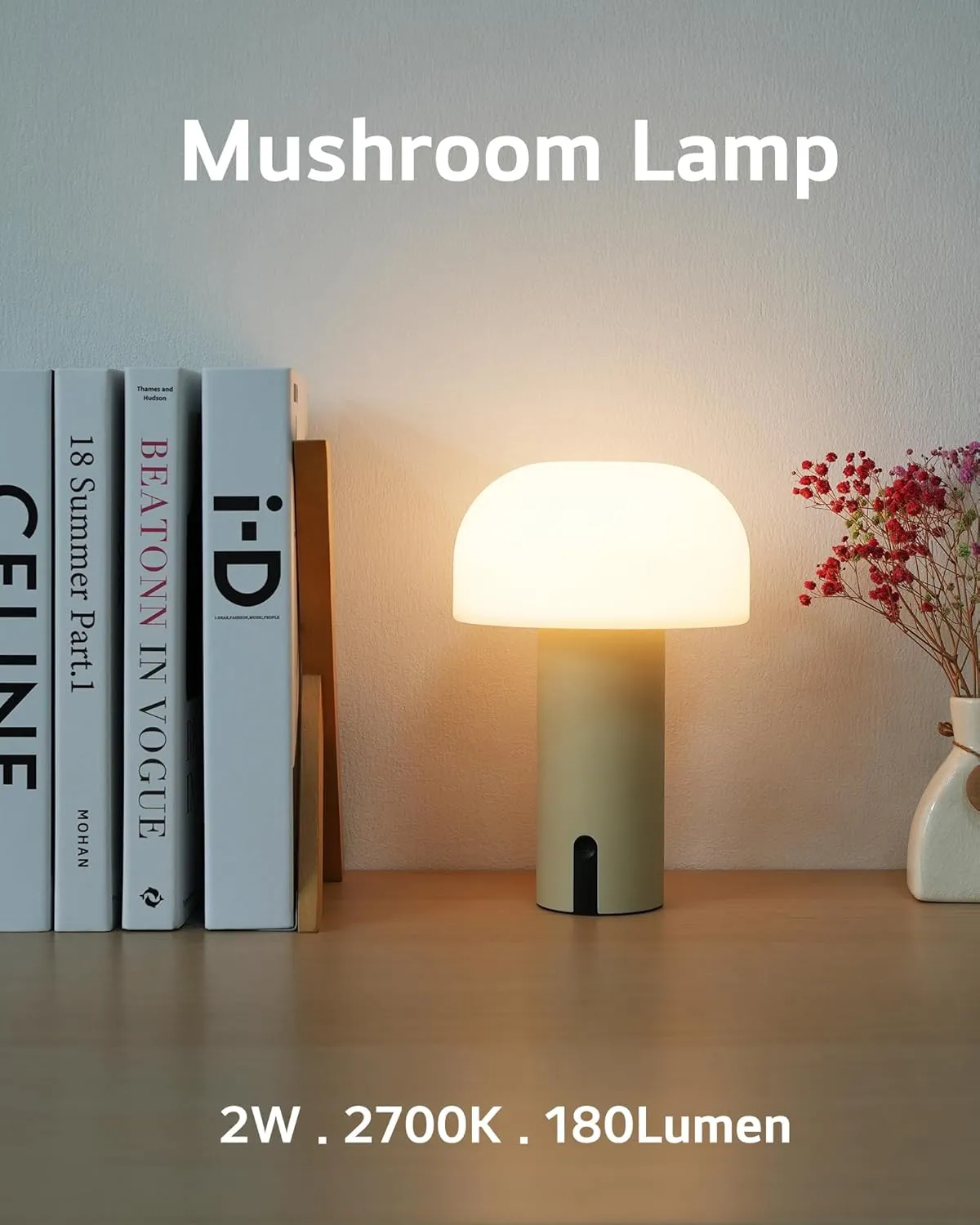 Cordless Mushroom Table Lamp, Waterproof Shower Lamp, Battery Operated Table Lamp Rechargeable, Touch Dimmable Night Light for Bedroom/Patio/Camping/Dinning/Outdoor (Khaki)