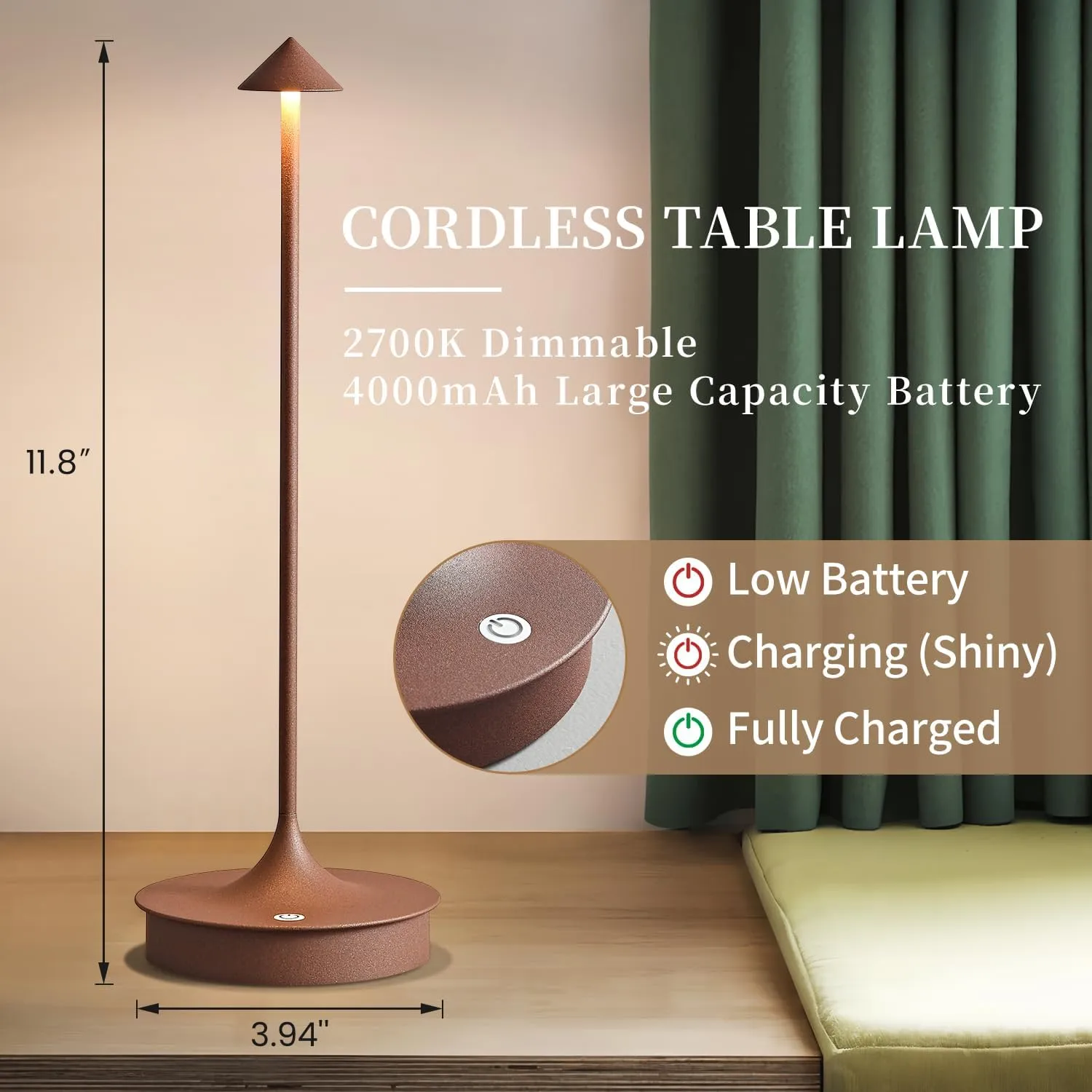 Cordless Table Lamp Rechargeable LED Battery Operated 4000mAh Table Lamp Touch Dimmable Lamp Outdoor Waterproof Portable Wireless Table Light for Dining Restaurant Bar Indoor/Outdoor Use (Brown-1PC)