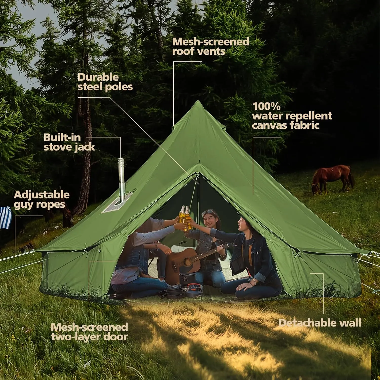 Cotton Canvas Bell Tent, Waterproof Large Tents with Sturdy Center & Door Pole and Space for 4/6/8 Person All 4 Season Camping Yurt Tent
